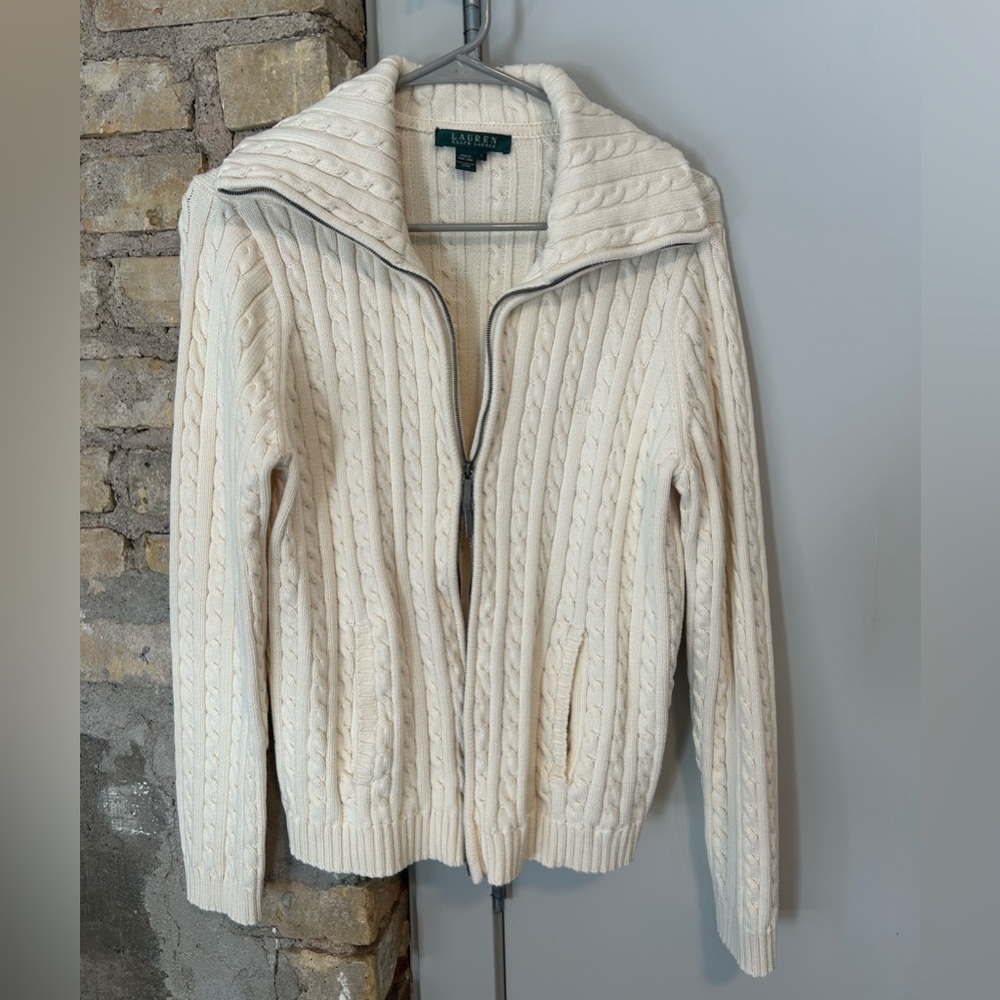Lauren Ralph Lauren White Cable Knit Double Zip Sweater L